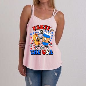 Funny Retro Party In The USA Retro Cartoon Hotdog Soda Pop Drink Women's Strappy Tank