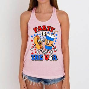 Funny Retro Party In The USA Retro Cartoon Hotdog Soda Pop Drink Women's Knotted Racerback Tank