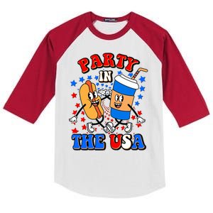 Funny Retro Party In The USA Retro Cartoon Hotdog Soda Pop Drink Kids Colorblock Raglan Jersey