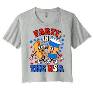 Funny Retro Party In The USA Retro Cartoon Hotdog Soda Pop Drink Women's Crop Top Tee