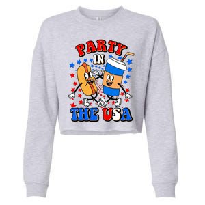 Funny Retro Party In The USA Retro Cartoon Hotdog Soda Pop Drink Cropped Pullover Crew