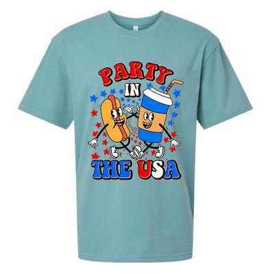 Funny Retro Party In The USA Retro Cartoon Hotdog Soda Pop Drink Sueded Cloud Jersey T-Shirt