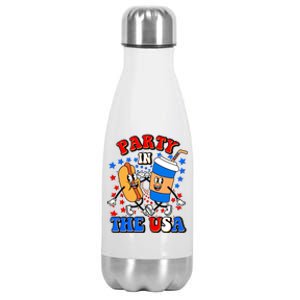 Funny Retro Party In The USA Retro Cartoon Hotdog Soda Pop Drink Stainless Steel Insulated Water Bottle