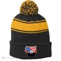 Funny Red Panda Bear American Flag Indepedence Day July 4th Stripe Pom Pom Beanie