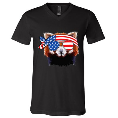 Funny Red Panda Bear American Flag Indepedence Day July 4th V-Neck T-Shirt