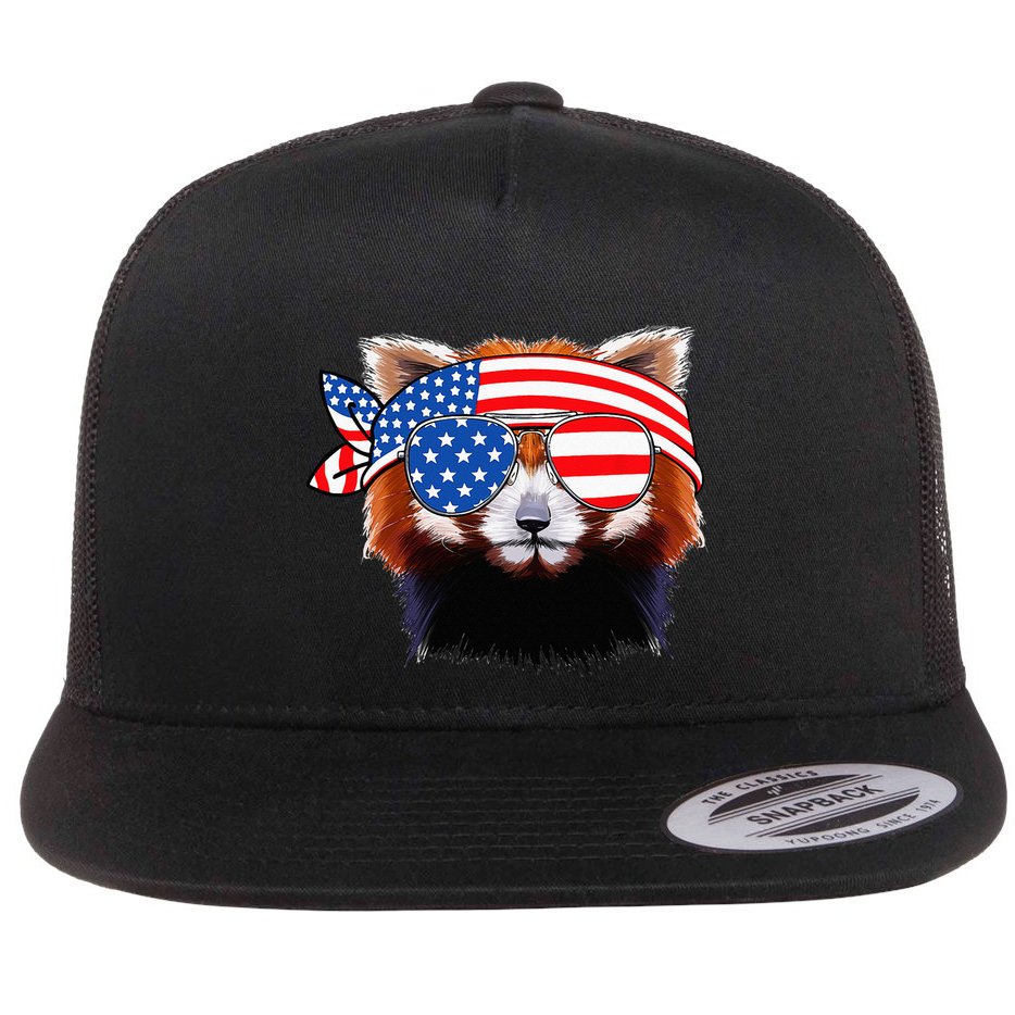 Funny Red Panda Bear American Flag Indepedence Day July 4th Flat Bill Trucker Hat