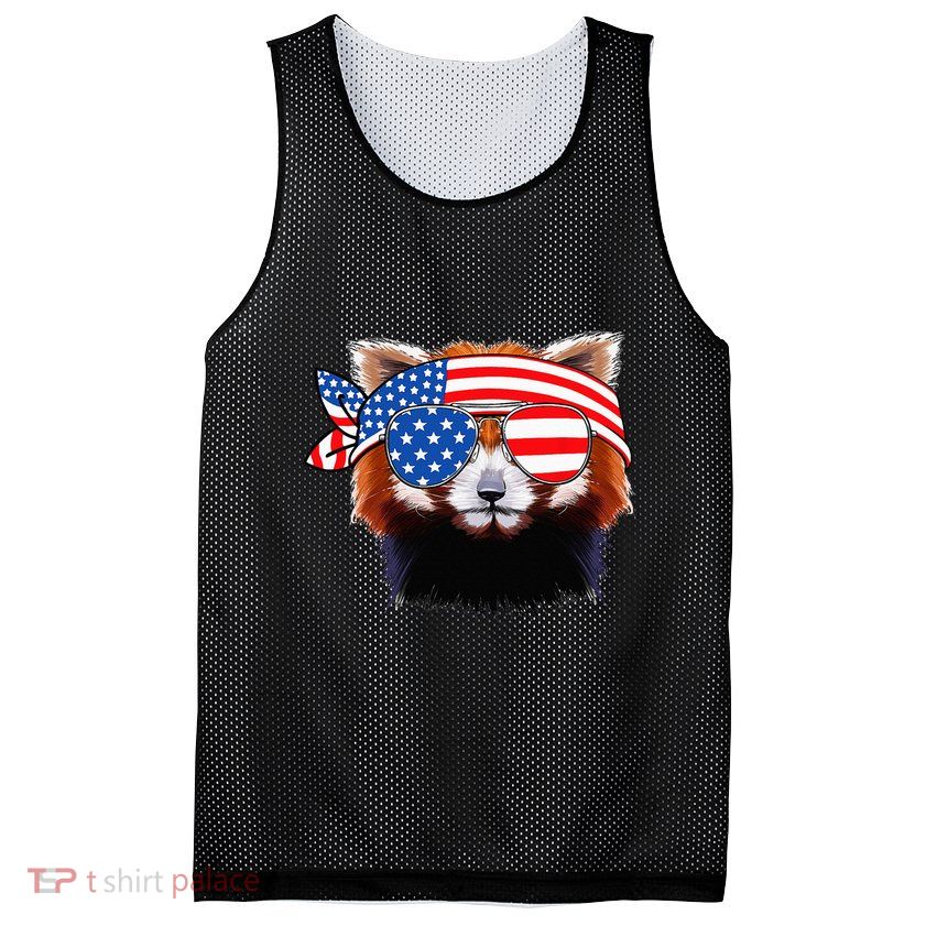 Funny Red Panda Bear American Flag Indepedence Day July 4th Mesh Reversible Basketball Jersey Tank