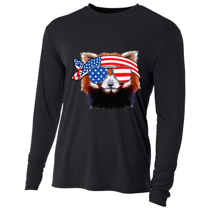 Funny Red Panda Bear American Flag Indepedence Day July 4th Cooling Performance Long Sleeve Crew