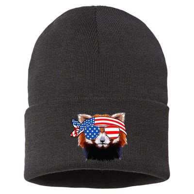 Funny Red Panda Bear American Flag Indepedence Day July 4th Sustainable Knit Beanie