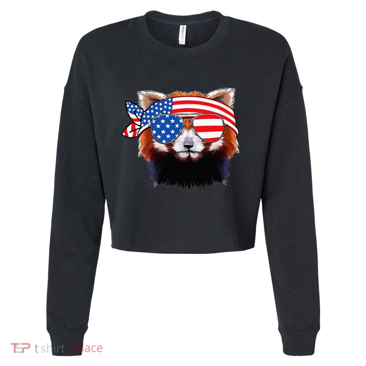 Funny Red Panda Bear American Flag Indepedence Day July 4th Cropped Pullover Crew
