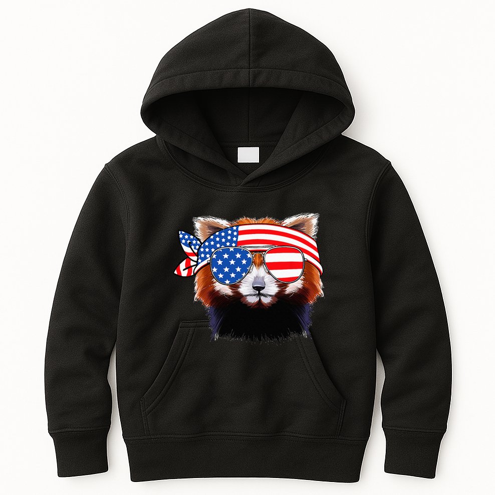 Funny Red Panda Bear American Flag Indepedence Day July 4th Kids Hoodie