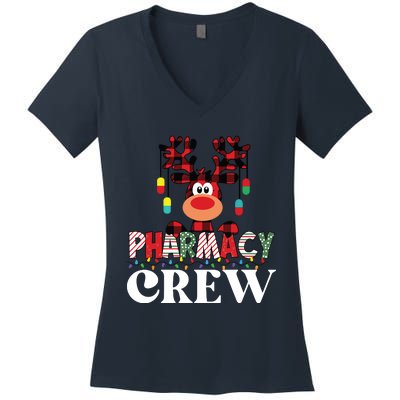 Funny Red Plaid Reindeer Pharmacy Crew Christmas Women's V-Neck T-Shirt