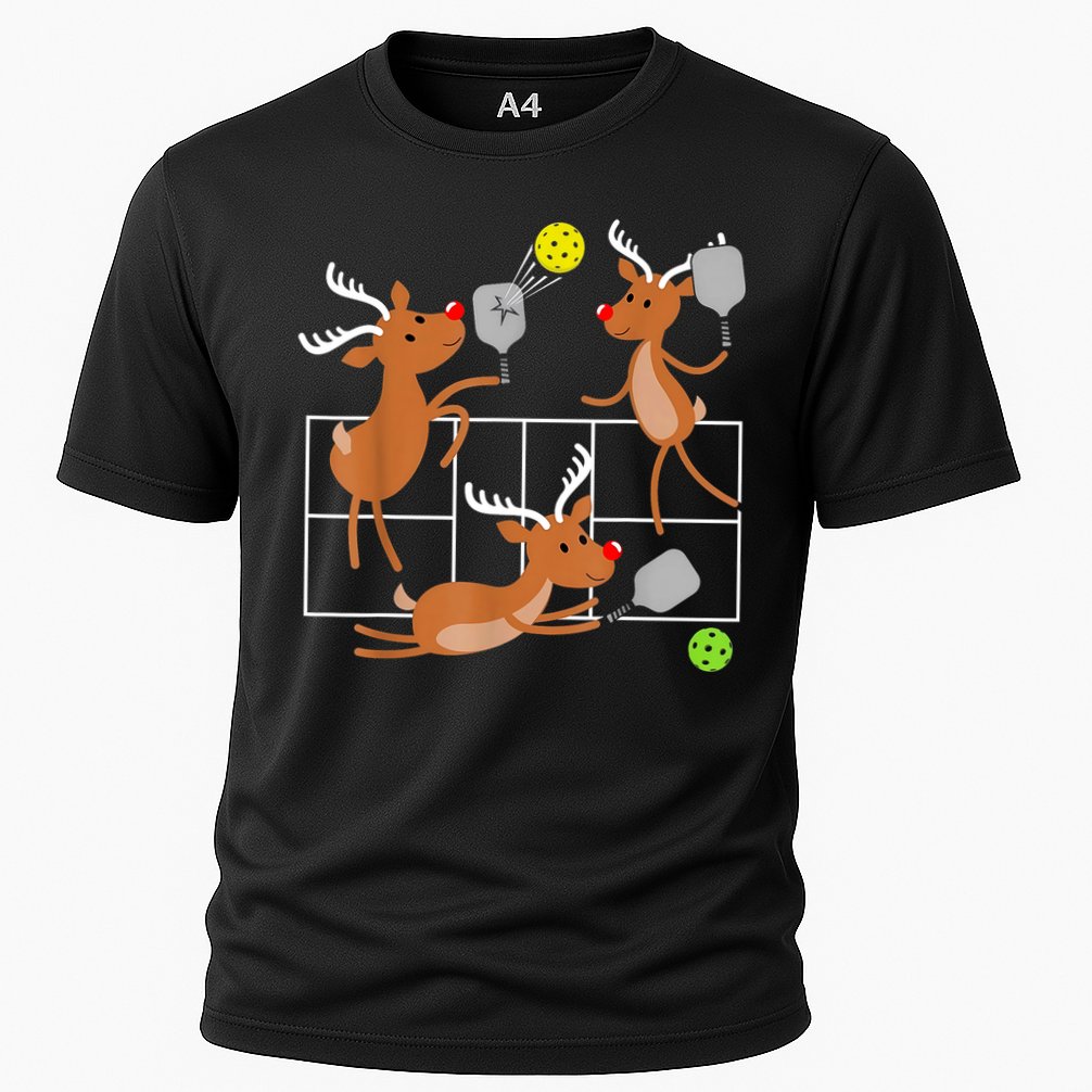 Funny Reindeer Playing Pickleball Christmas Sports Player Gift Cooling Performance Crew T-Shirt
