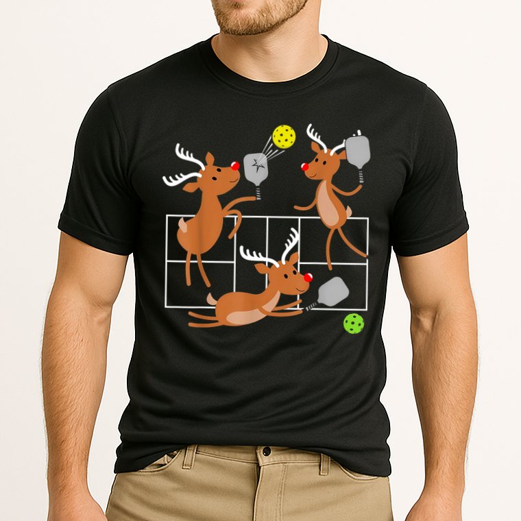 Funny Reindeer Playing Pickleball Christmas Sports Player Gift Cooling Performance Crew T-Shirt