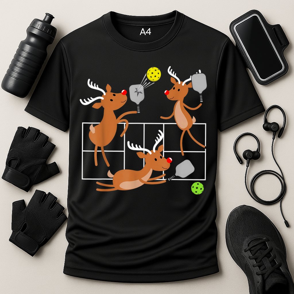 Funny Reindeer Playing Pickleball Christmas Sports Player Gift Cooling Performance Crew T-Shirt