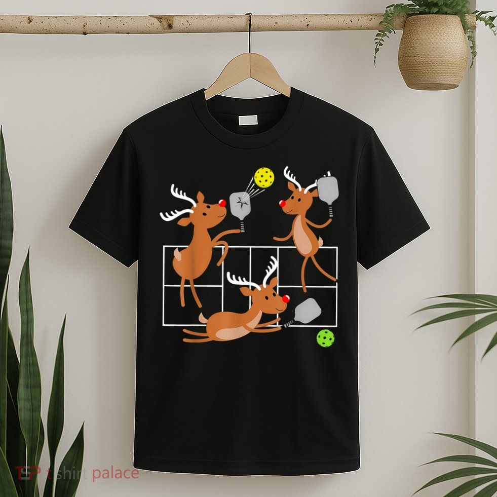 Funny Reindeer Playing Pickleball Christmas Sports Player Gift T-Shirt
