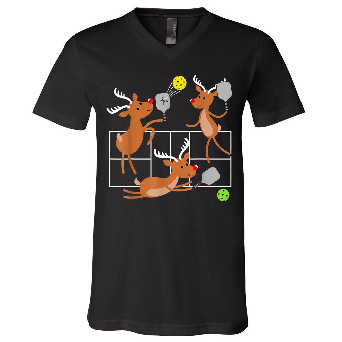 Funny Reindeer Playing Pickleball Christmas Sports Player Gift V-Neck T-Shirt