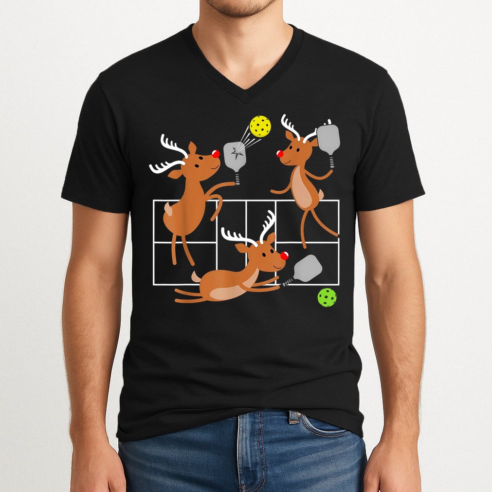 Funny Reindeer Playing Pickleball Christmas Sports Player Gift V-Neck T-Shirt