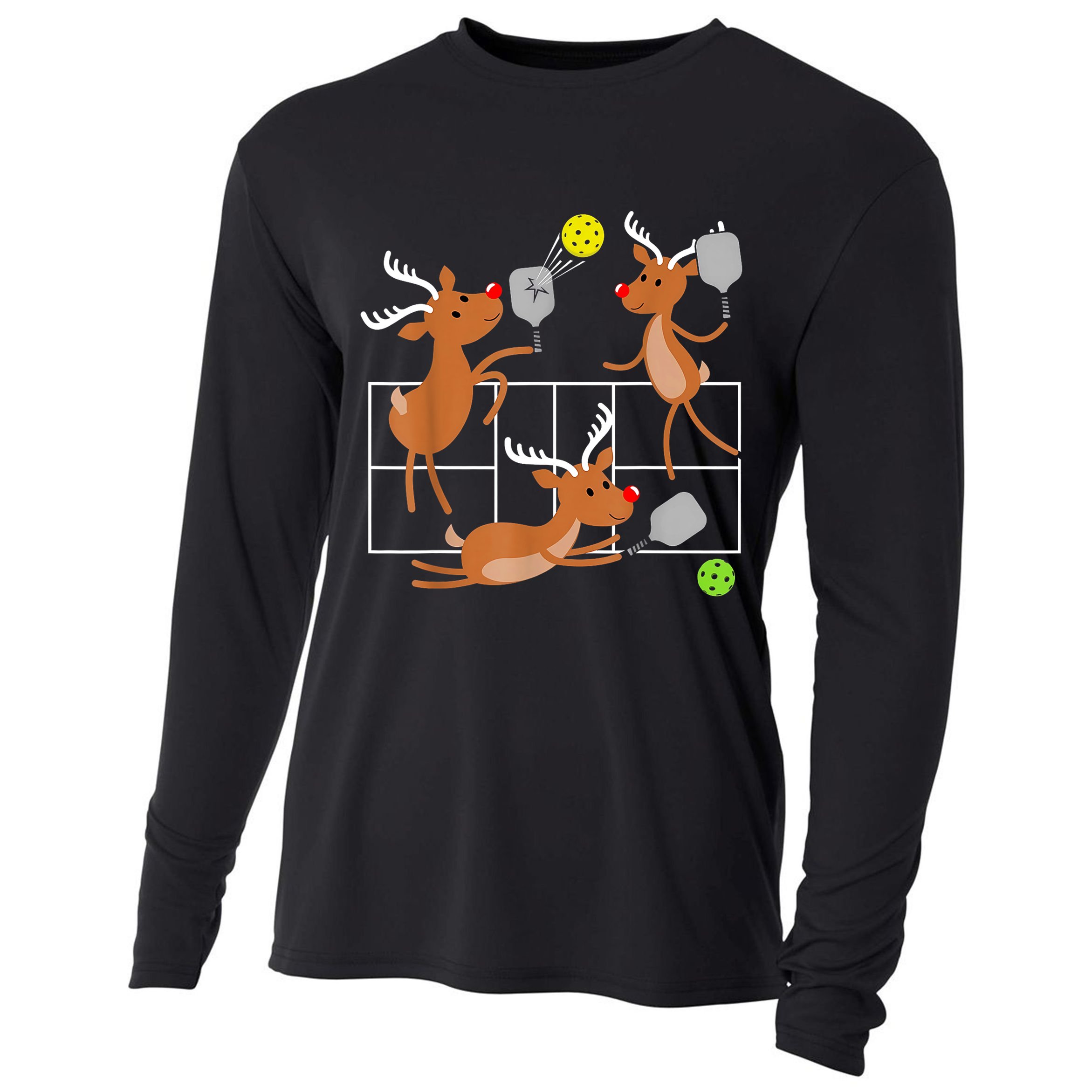 Funny Reindeer Playing Pickleball Christmas Sports Player Gift Cooling Performance Long Sleeve Crew