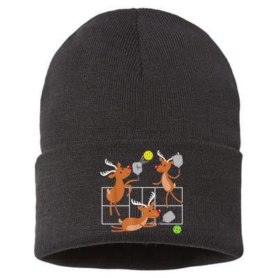 Funny Reindeer Playing Pickleball Christmas Sports Player Gift Sustainable Knit Beanie