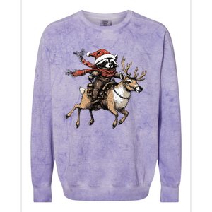 Funny Raccoon Riding Reindeer Cowboy Cowgirl Christmas Colorblast Crewneck Sweatshirt