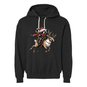 Funny Raccoon Riding Reindeer Cowboy Cowgirl Christmas Garment-Dyed Fleece Hoodie