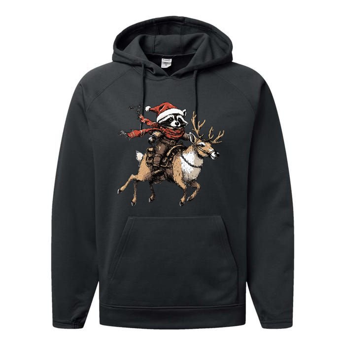 Funny Raccoon Riding Reindeer Cowboy Cowgirl Christmas Performance Fleece Hoodie