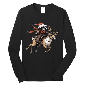 Funny Raccoon Riding Reindeer Cowboy Cowgirl Christmas Long Sleeve Shirt