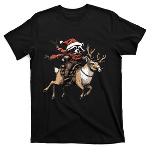 Funny Raccoon Riding Reindeer Cowboy Cowgirl Christmas T-Shirt