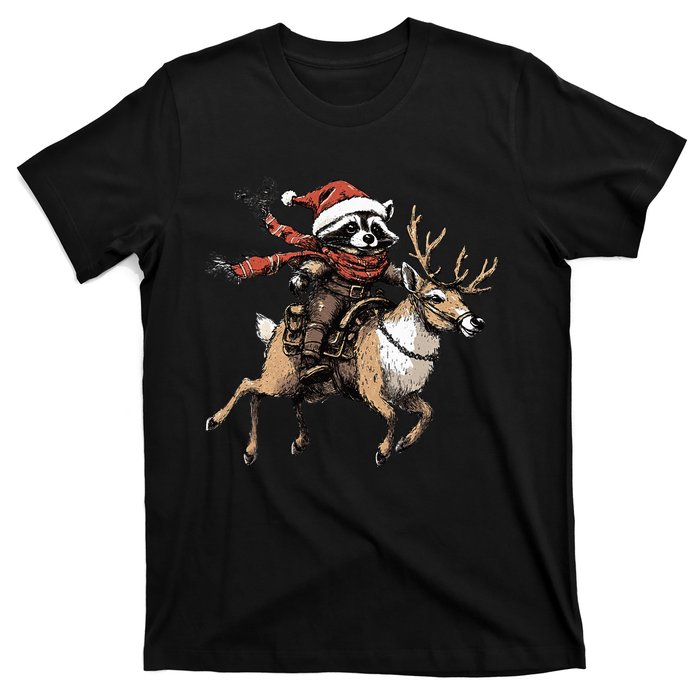 Funny Raccoon Riding Reindeer Cowboy Cowgirl Christmas T-Shirt