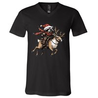 Funny Raccoon Riding Reindeer Cowboy Cowgirl Christmas V-Neck T-Shirt