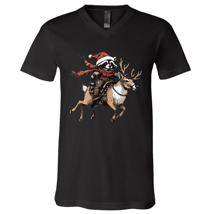 Funny Raccoon Riding Reindeer Cowboy Cowgirl Christmas V-Neck T-Shirt