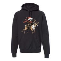 Funny Raccoon Riding Reindeer Cowboy Cowgirl Christmas Premium Hoodie