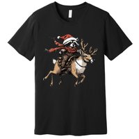 Funny Raccoon Riding Reindeer Cowboy Cowgirl Christmas Premium T-Shirt