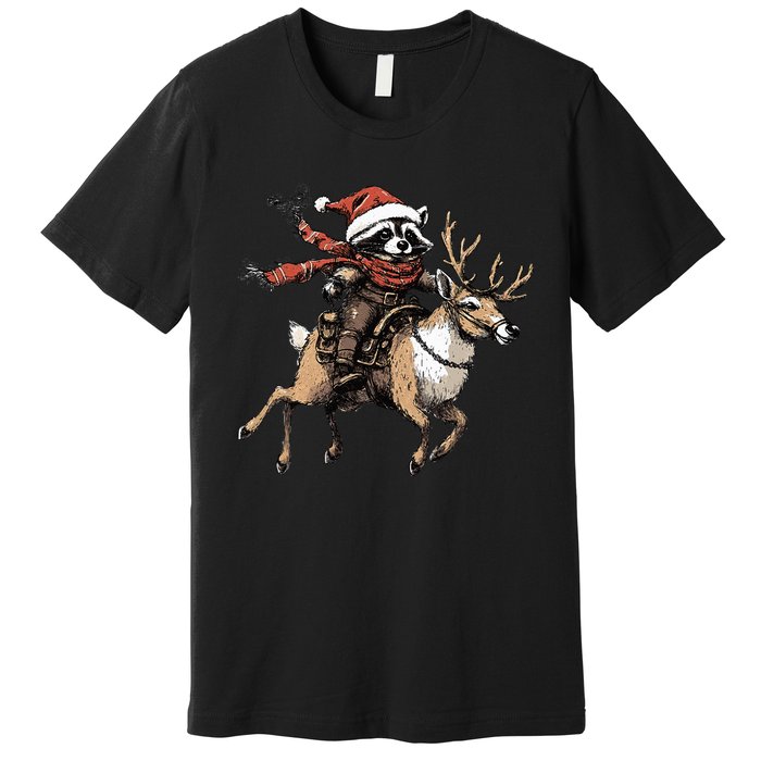 Funny Raccoon Riding Reindeer Cowboy Cowgirl Christmas Premium T-Shirt