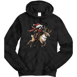 Funny Raccoon Riding Reindeer Cowboy Cowgirl Christmas Tie Dye Hoodie