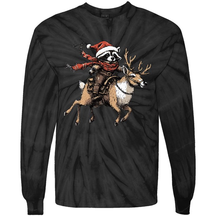 Funny Raccoon Riding Reindeer Cowboy Cowgirl Christmas Tie-Dye Long Sleeve Shirt