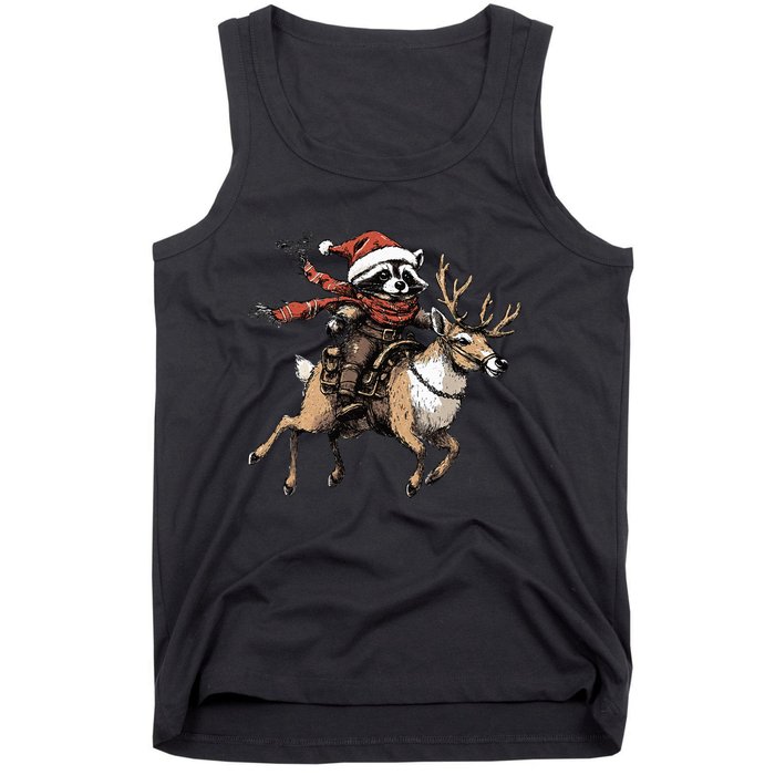 Funny Raccoon Riding Reindeer Cowboy Cowgirl Christmas Tank Top