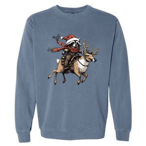 Funny Raccoon Riding Reindeer Cowboy Cowgirl Christmas Garment-Dyed Sweatshirt