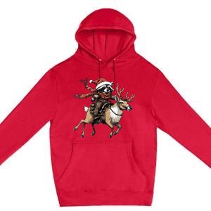 Funny Raccoon Riding Reindeer Cowboy Cowgirl Christmas Premium Pullover Hoodie