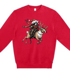 Funny Raccoon Riding Reindeer Cowboy Cowgirl Christmas Premium Crewneck Sweatshirt