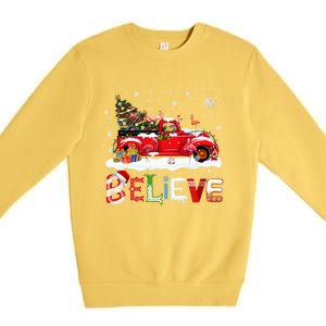 Flamingo Riding Red Truck Christmas Tree Believe Santa Gift Premium Crewneck Sweatshirt