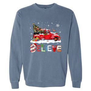 Flamingo Riding Red Truck Christmas Tree Believe Santa Gift Garment-Dyed Sweatshirt