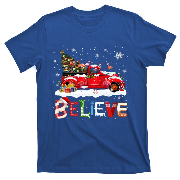 Flamingo Riding Red Truck Christmas Tree Believe Santa Gift T-Shirt