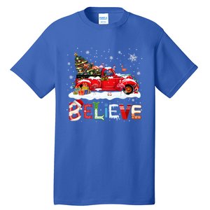 Flamingo Riding Red Truck Christmas Tree Believe Santa Gift Tall T-Shirt