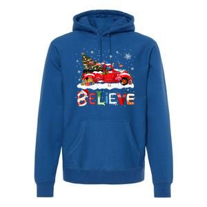 Flamingo Riding Red Truck Christmas Tree Believe Santa Gift Premium Hoodie