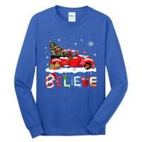 Flamingo Riding Red Truck Christmas Tree Believe Santa Gift Tall Long Sleeve T-Shirt