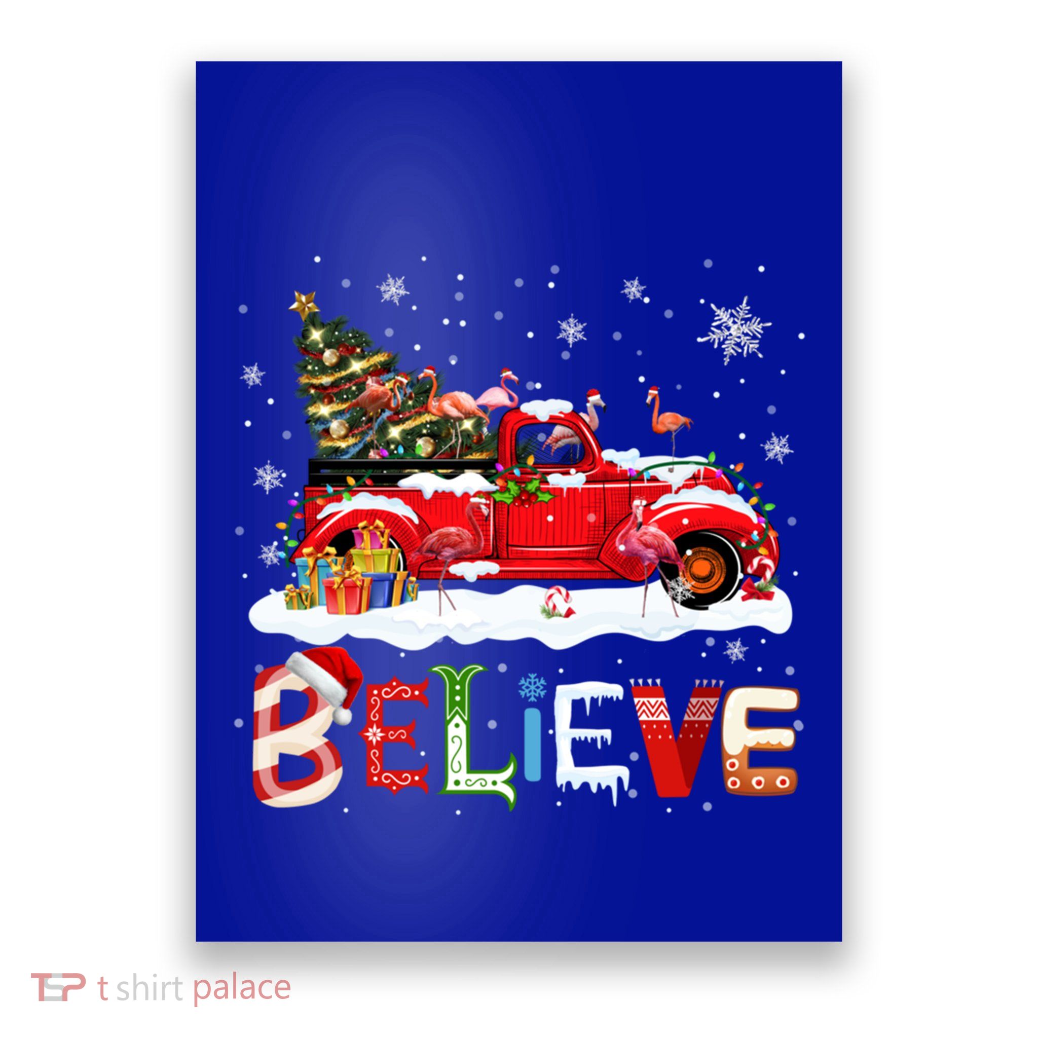 Flamingo Riding Red Truck Christmas Tree Believe Santa Gift Poster