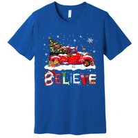 Flamingo Riding Red Truck Christmas Tree Believe Santa Gift Premium T-Shirt