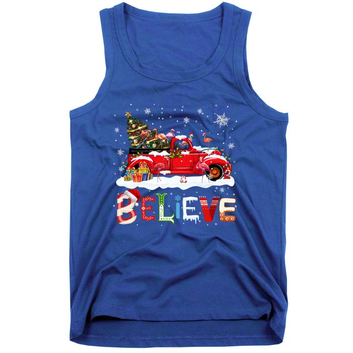 Flamingo Riding Red Truck Christmas Tree Believe Santa Gift Tank Top